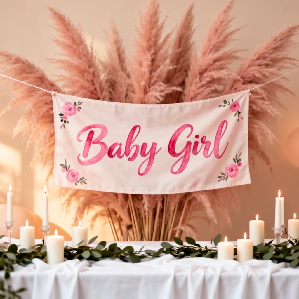 Baby Girl banner with pampas grass