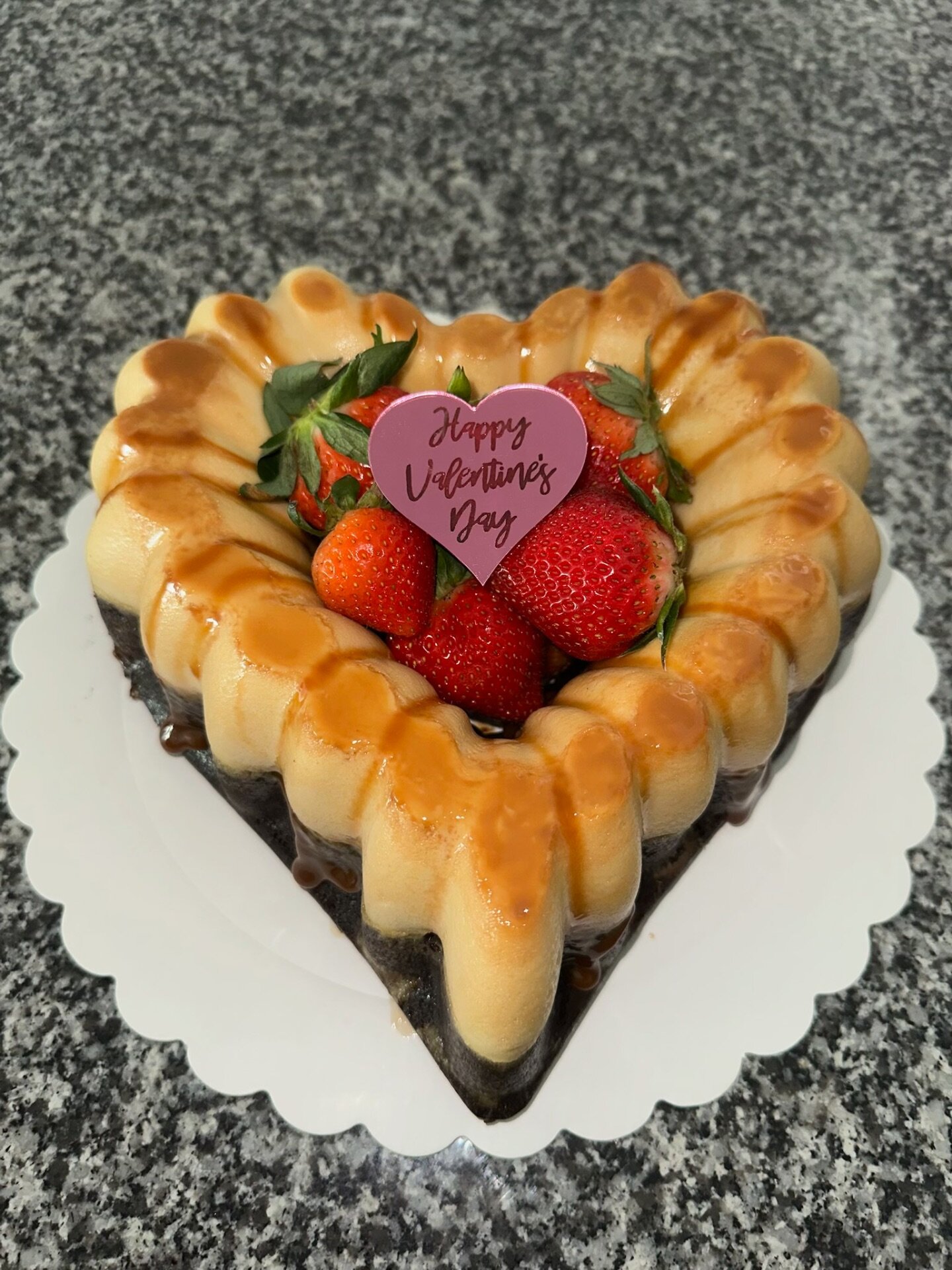 Heart Chocoflan — with strawberries and caramel