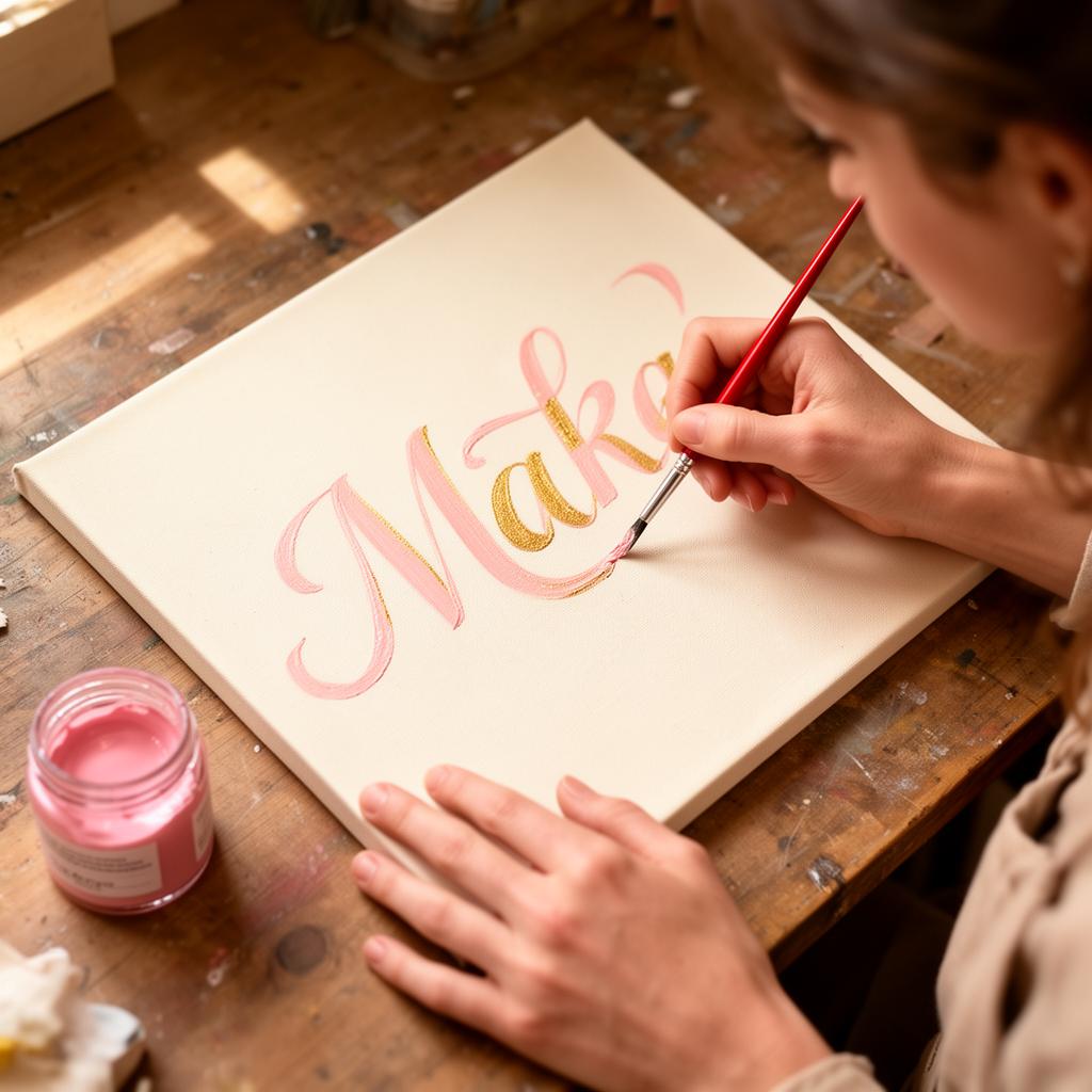 Lori hand-painting cursive lettering on canvas